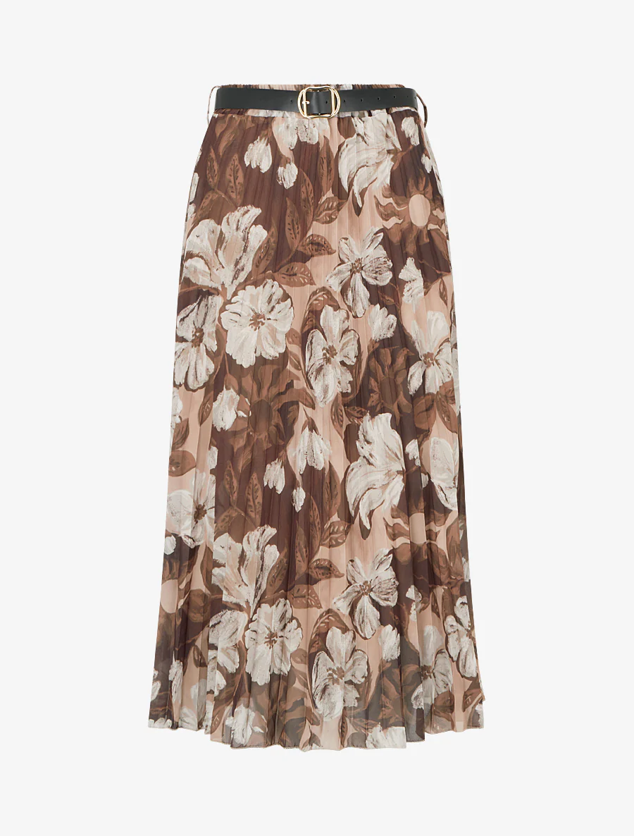 Jupe mi-longue plissée imprimé floral - Marron