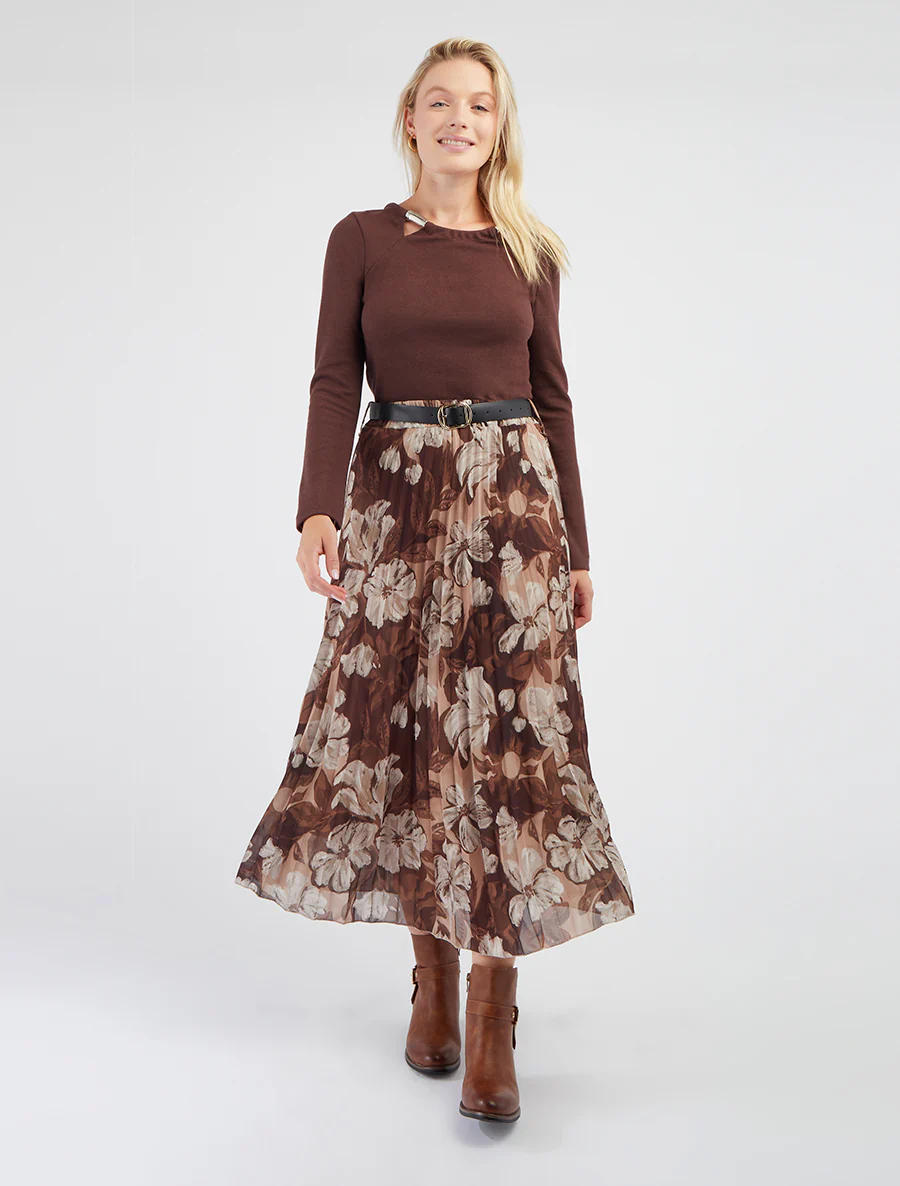 Jupe mi-longue plissée imprimé floral - Marron - Image 4