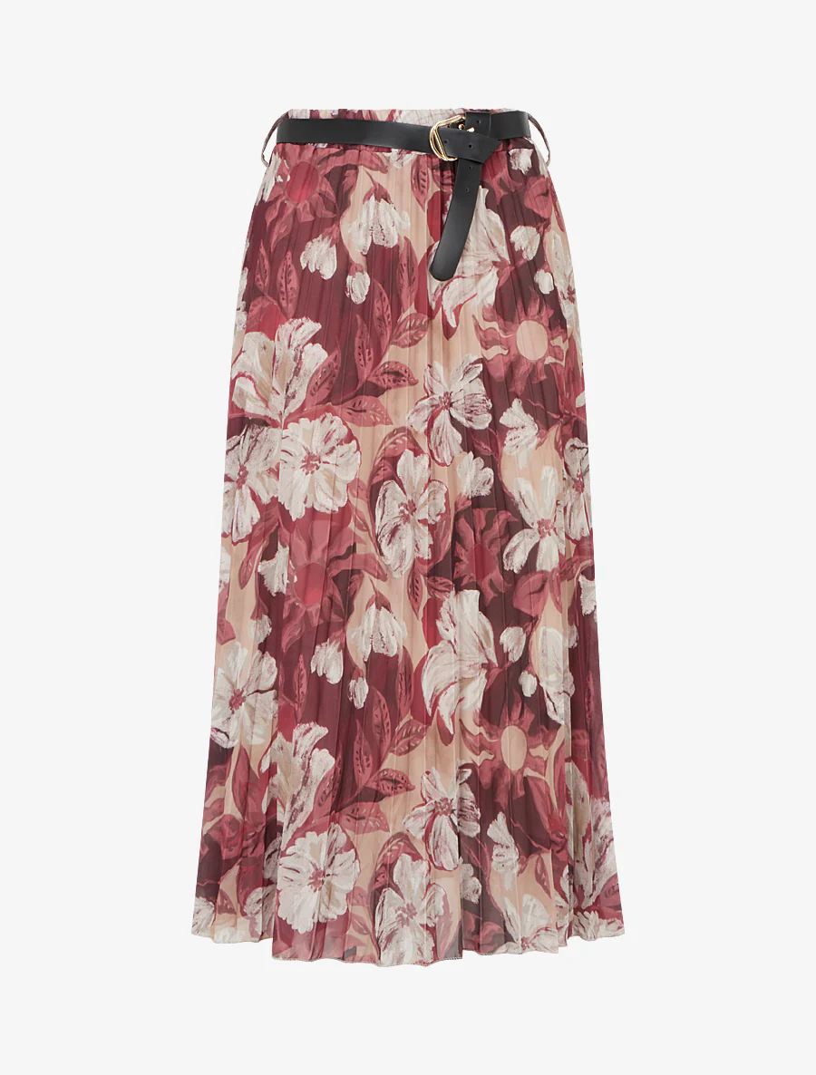Jupe mi-longue plissée imprimé floral - Prune
