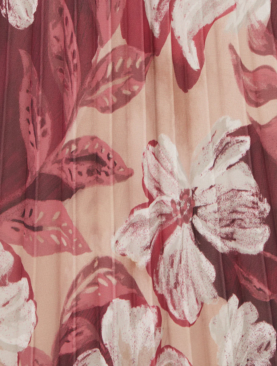 Jupe mi-longue plissée imprimé floral - Prune - Image 3