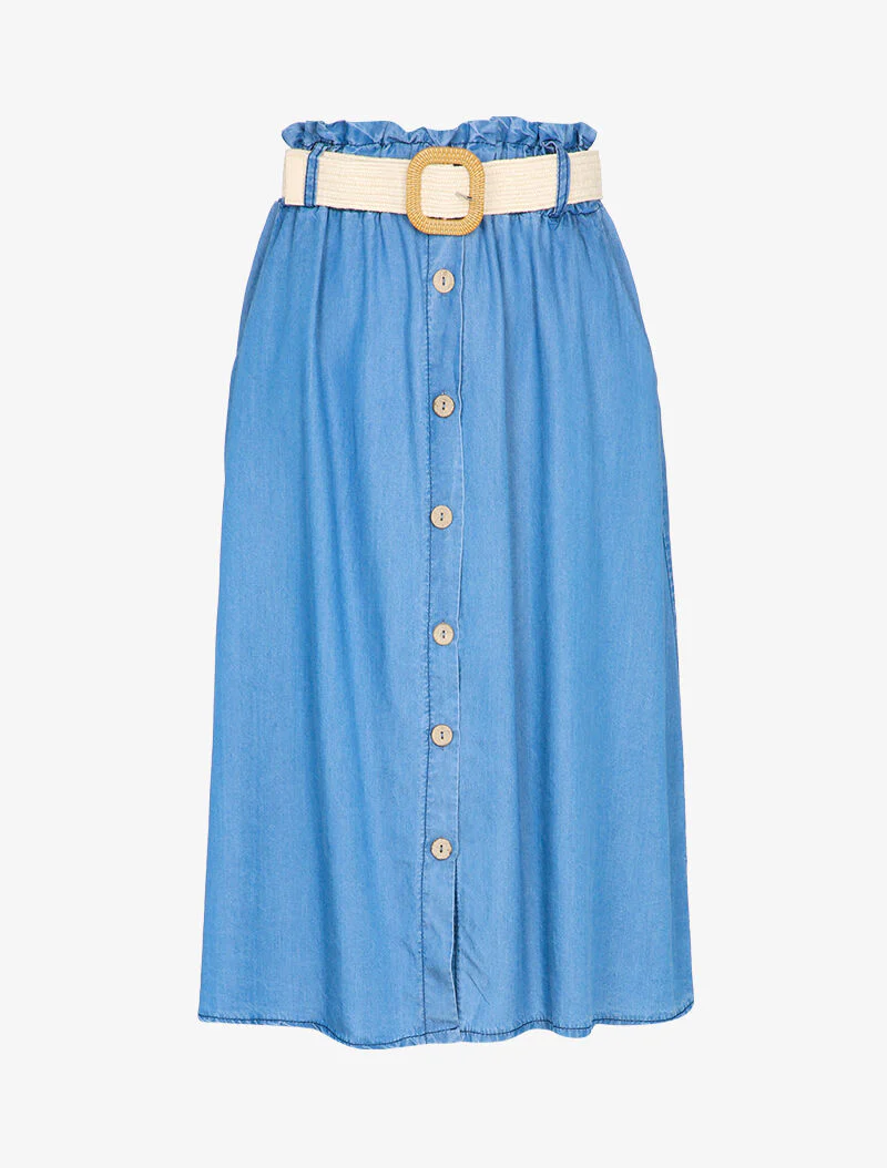 Jupe midi boutonnée effet jean à taille haute élastiquée et froncée - Bleu jean
