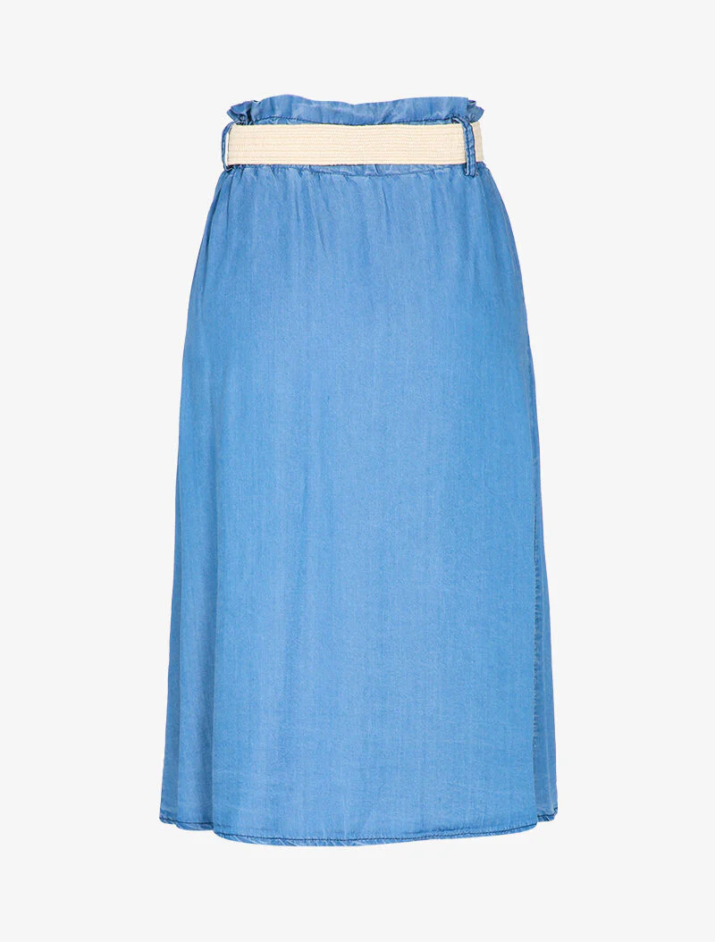Jupe midi boutonnée effet jean à taille haute élastiquée et froncée - Bleu jean - Image 2