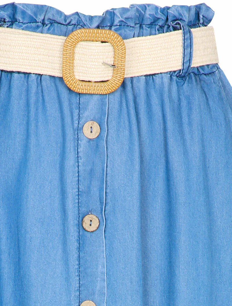 Jupe midi boutonnée effet jean à taille haute élastiquée et froncée - Bleu jean - Image 3