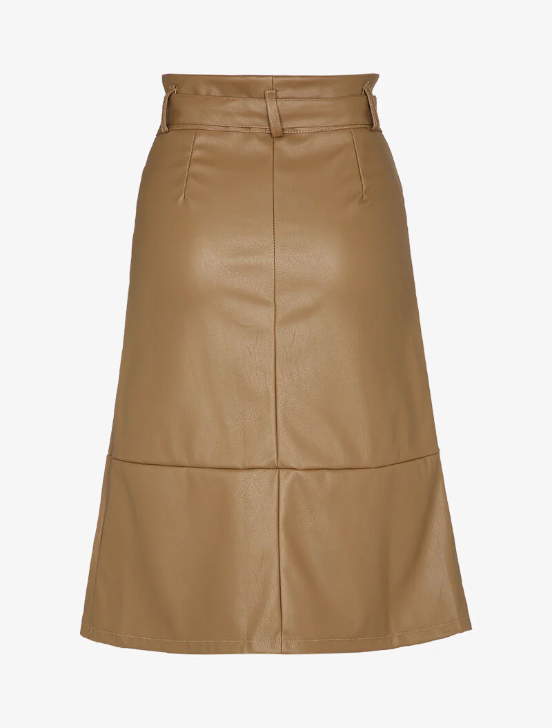 Jupe midi coupe trapèze en simili - Camel - Image 2