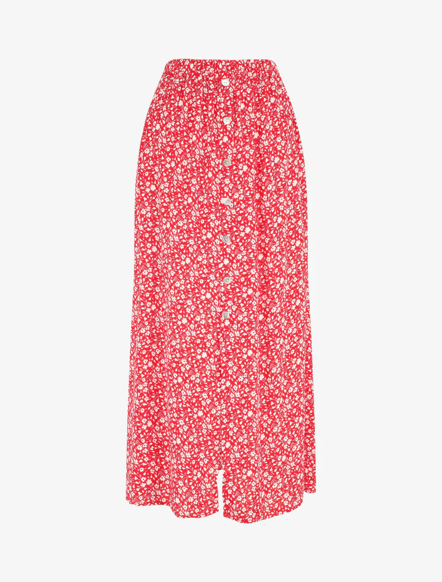 Jupe midi fleurie évasée à boutons - Rouge