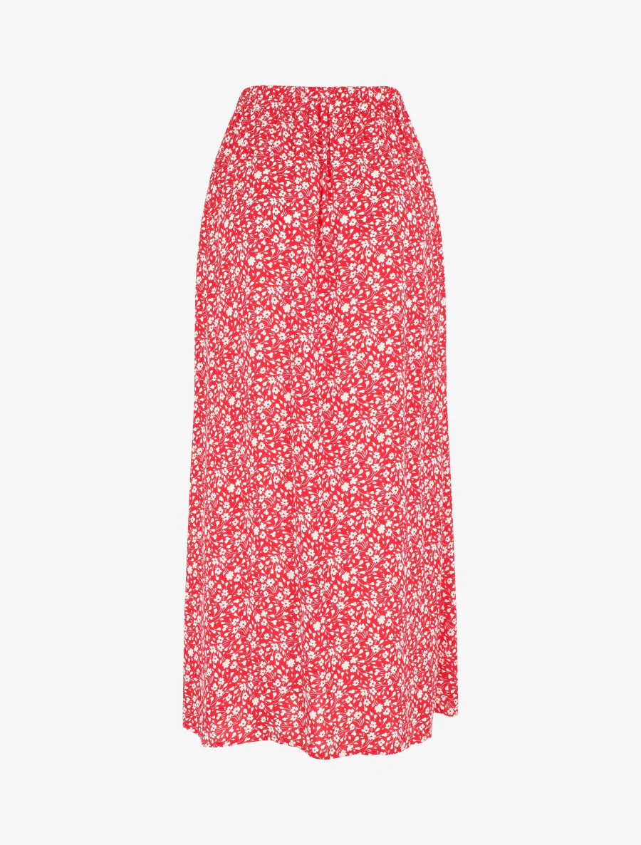 Jupe midi fleurie évasée à boutons - Rouge - Image 2