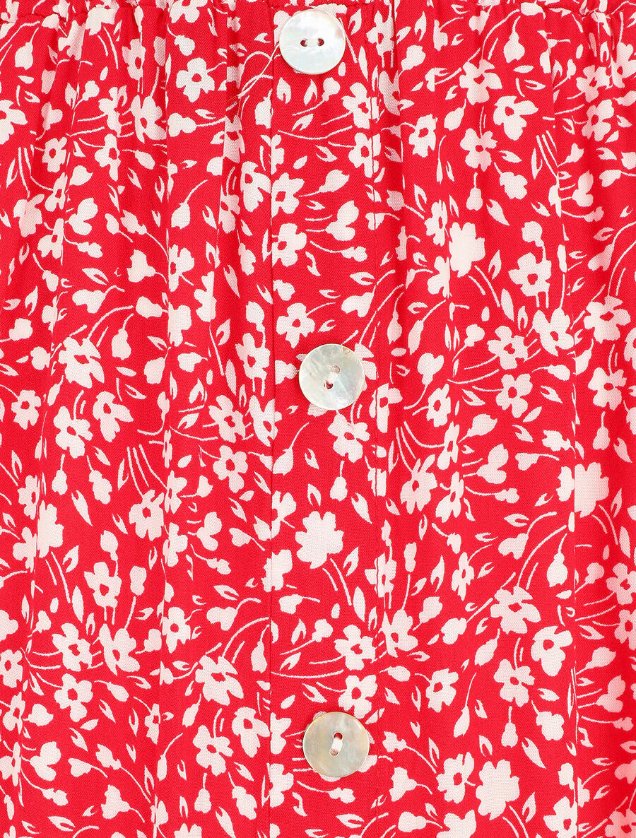 Jupe midi fleurie évasée à boutons - Rouge - Image 3