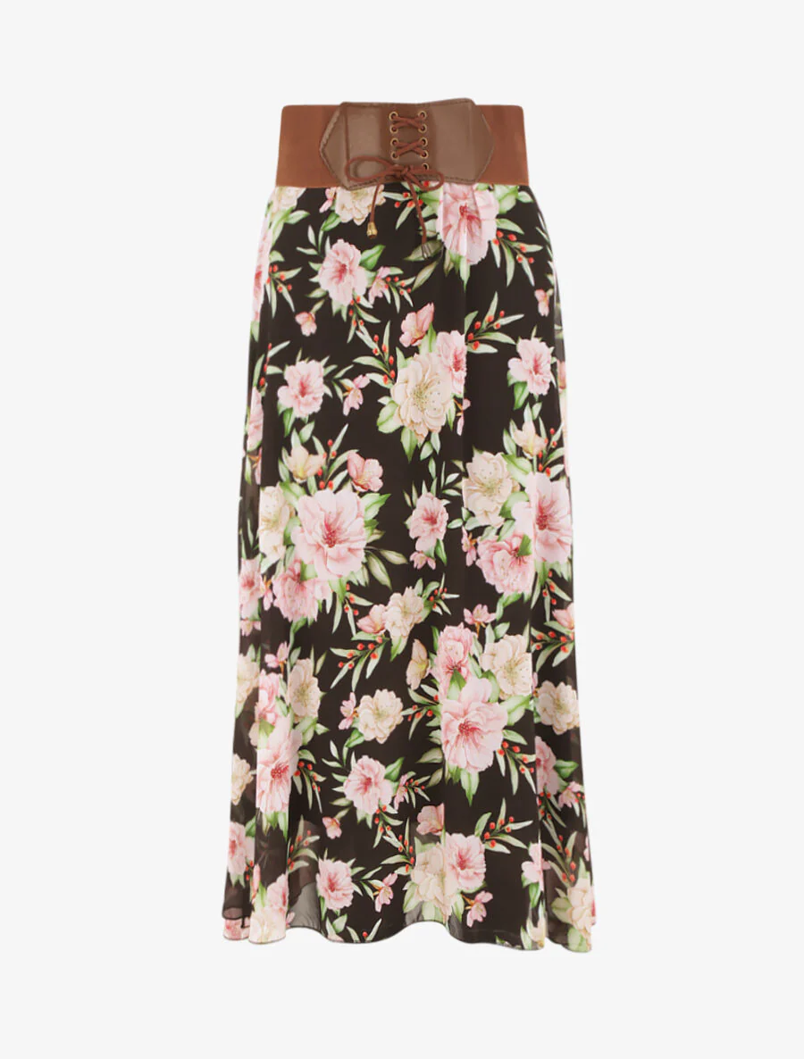 Jupe midi fluide imprimé floral - Noir