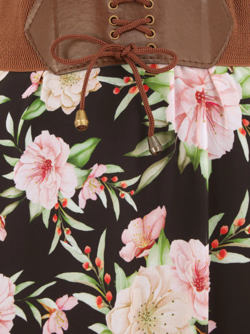 Jupe midi fluide imprimé floral - Noir - Image 3