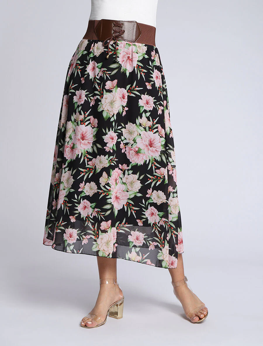 Jupe midi fluide imprimé floral - Noir - Image 4