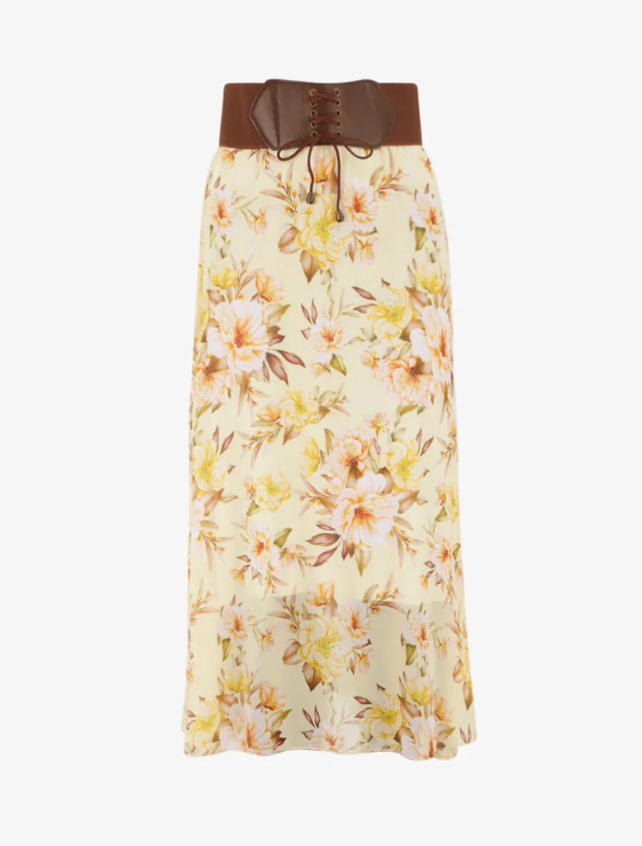 Jupe midi fluide imprimé floral - Jaune