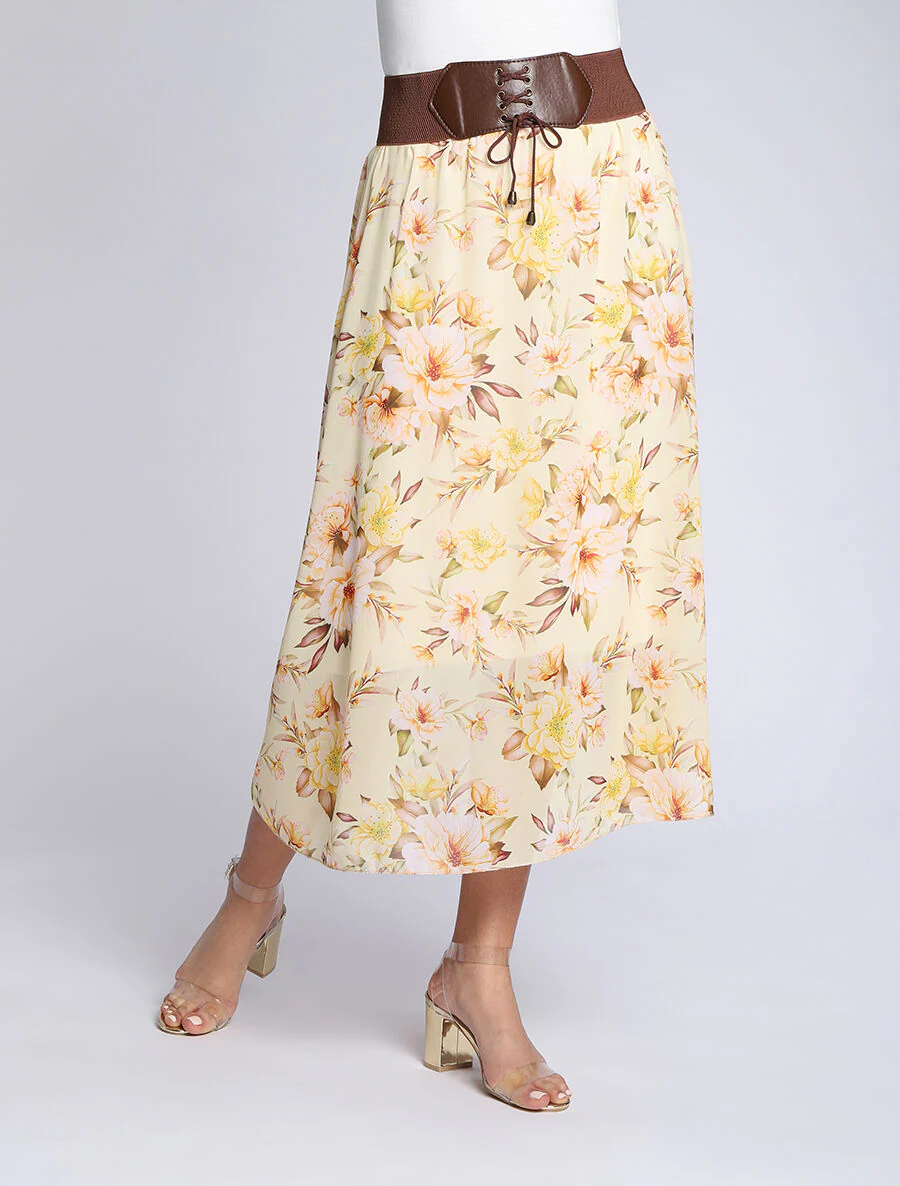 Jupe midi fluide imprimé floral - Jaune - Image 4