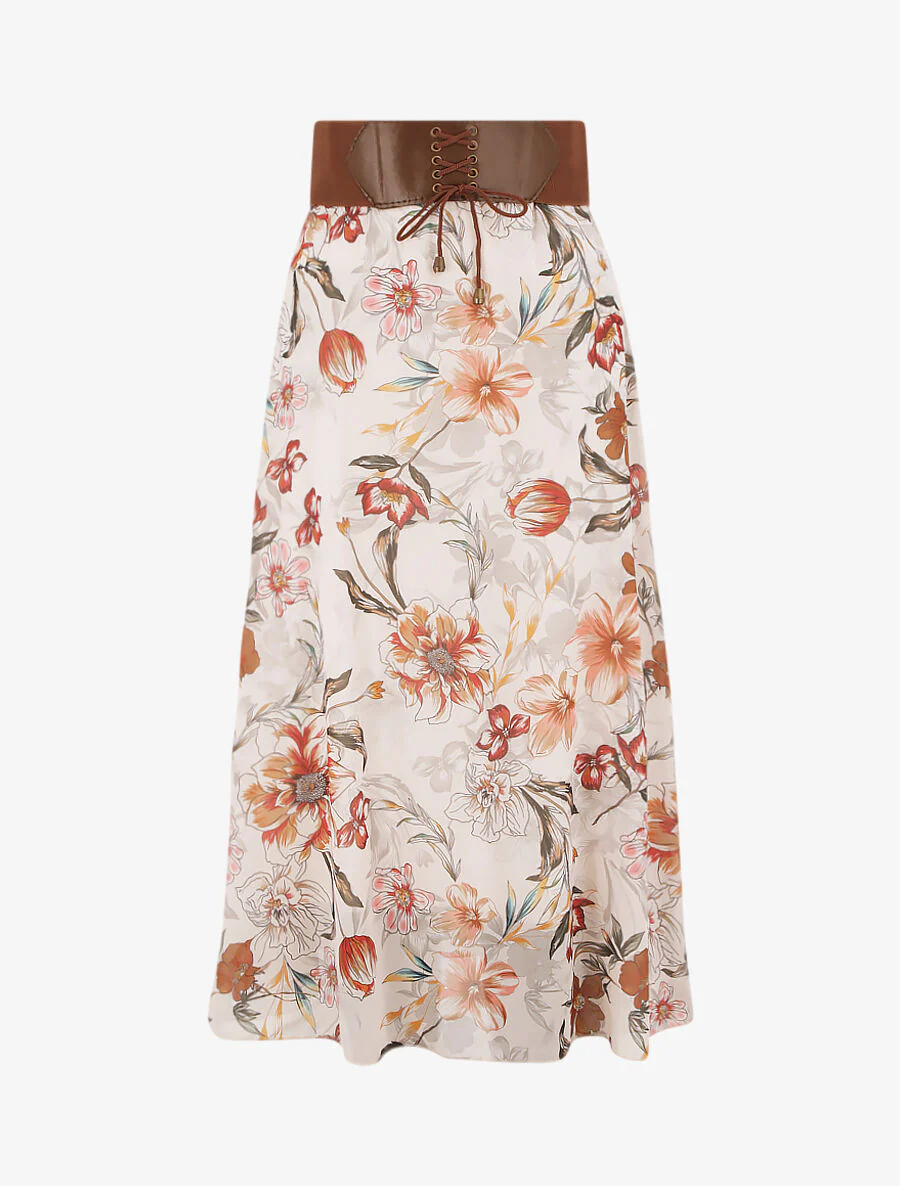 Jupe midi fluide imprimé orchidée - Beige