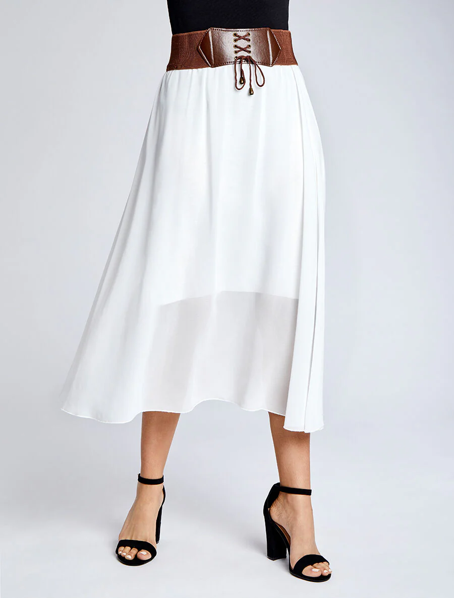 Jupe midi fluide unie - Blanc - Image 4