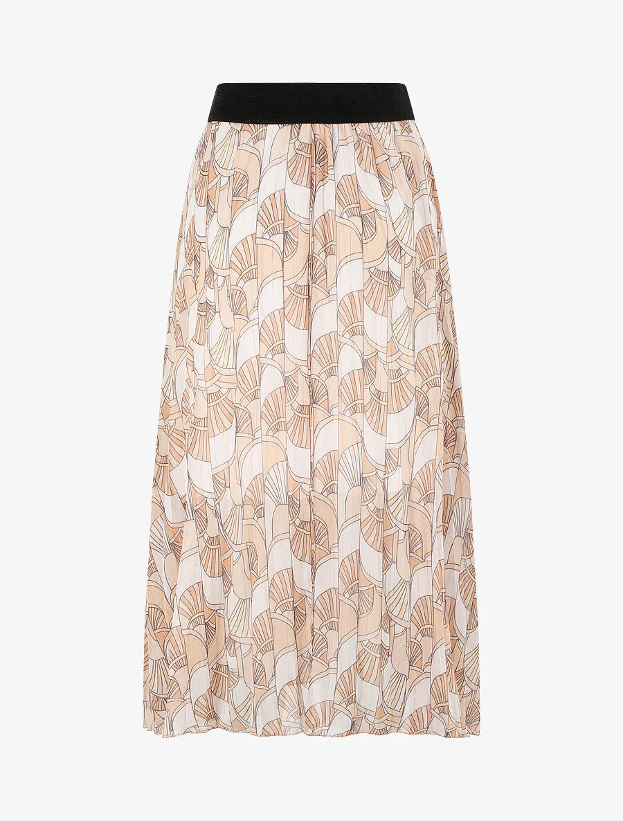 Jupe plissée mi-longue évasée imprimé éventails stylisés - Beige - Image 2