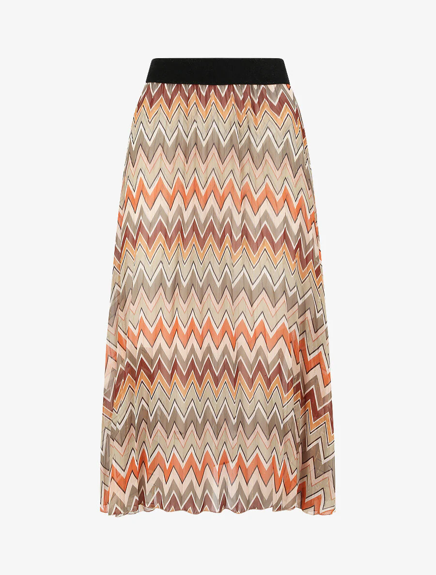 Jupe plissée mi-longue évasée imprimé zig zag - Vert olive