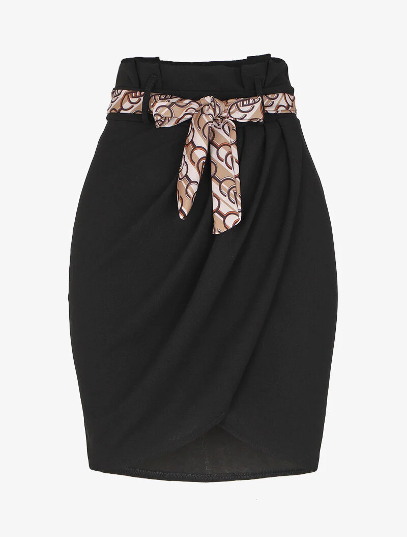 Jupe portefeuille à ceinture stylisée - Noir/beige