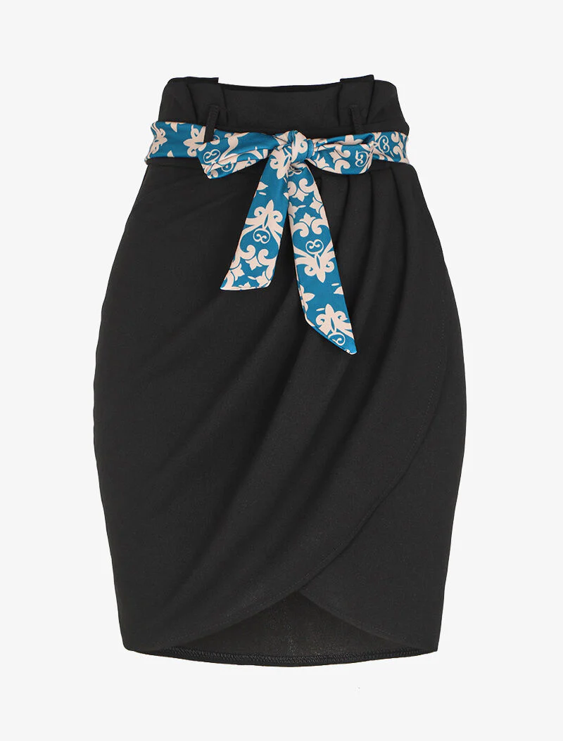 Jupe portefeuille à ceinture stylisée - Noir/bleu