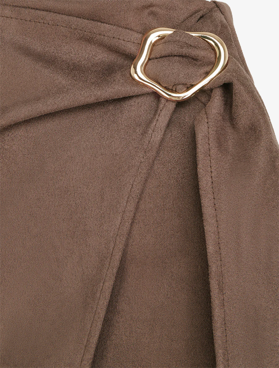 Jupe portefeuille en suédine à boucle - Marron - Image 3