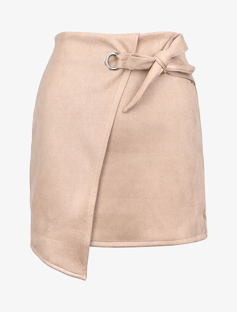 Jupe portefeuille en suédine à pan asymétrique - Beige