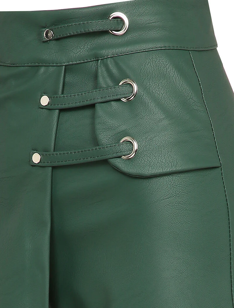 Jupe short en simili à détail lanières - Vert sapin - Image 3