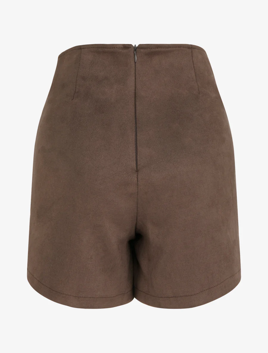 Jupe short zippée en suédine - Marron - Image 3