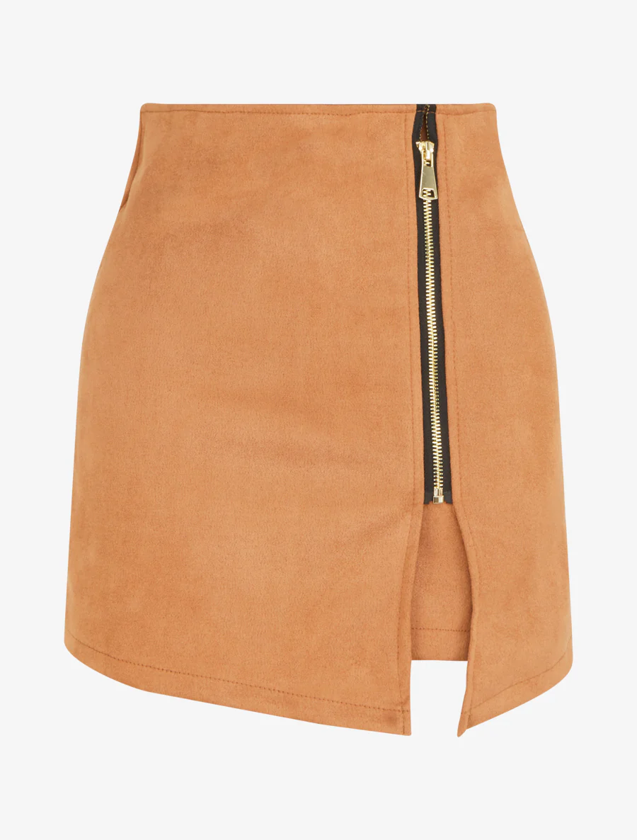 Jupe short zippée en suédine - Camel