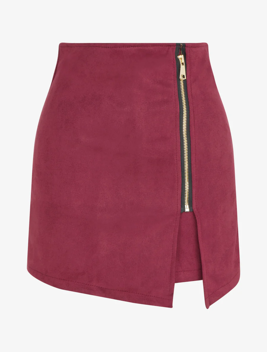 Jupe short zippée en suédine - Lie de vin