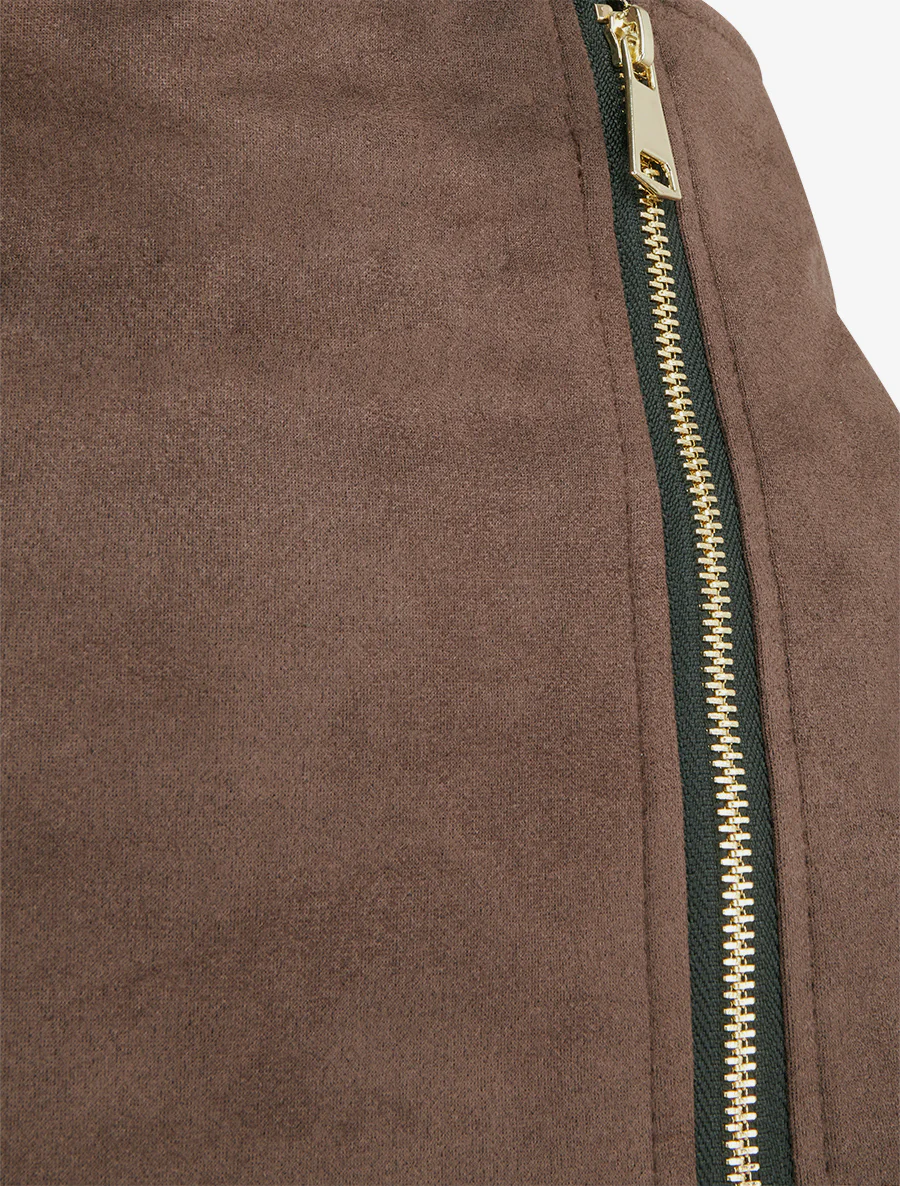 Jupe short zippée en suédine - Marron - Image 3