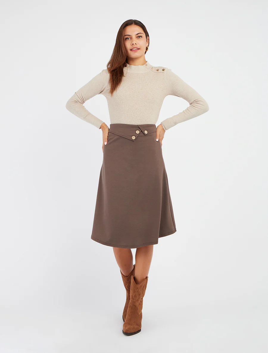 Jupe trapèze à rabats boutonnés - Taupe - Image 4