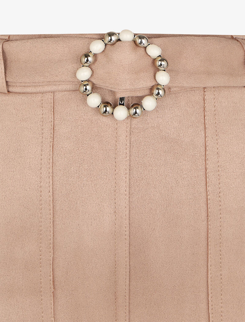 Jupe trapèze en suédine à boucle ronde stylisée - Beige - Image 3