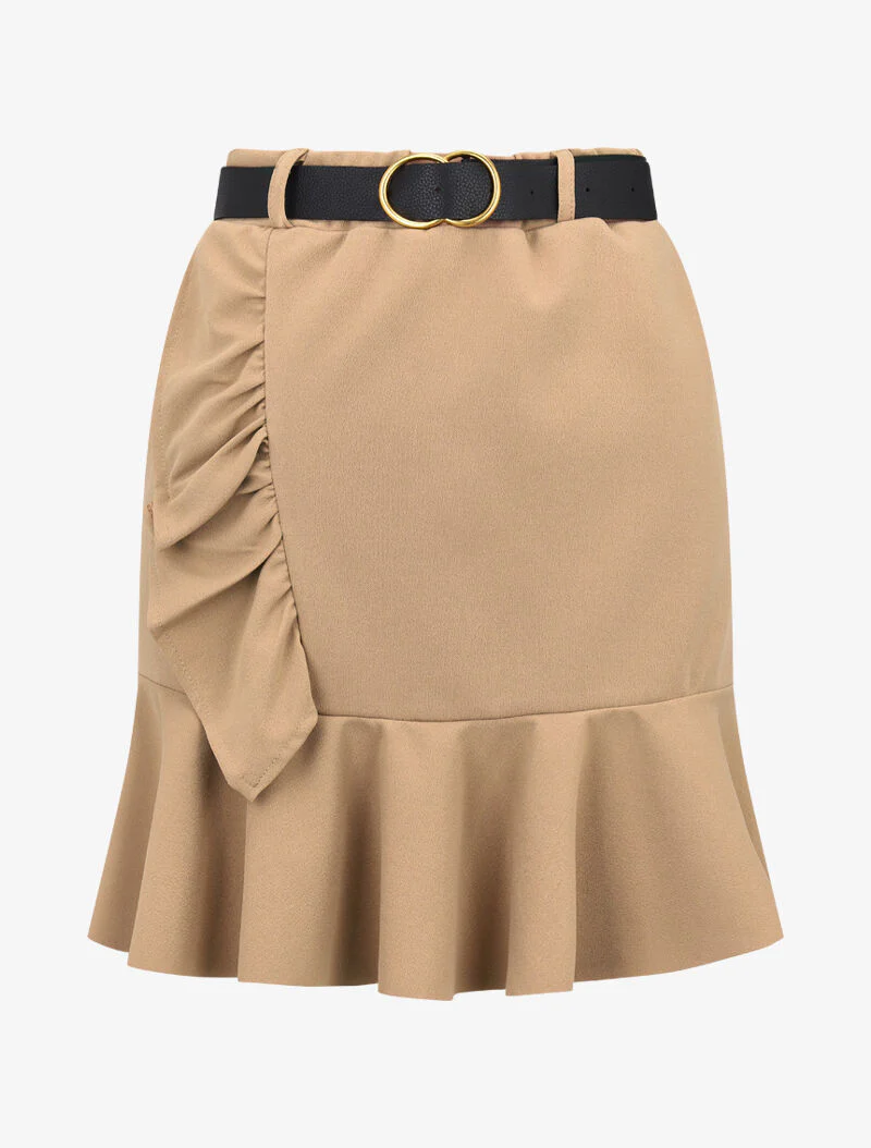 Jupe volantée avec ceinture simili - camel