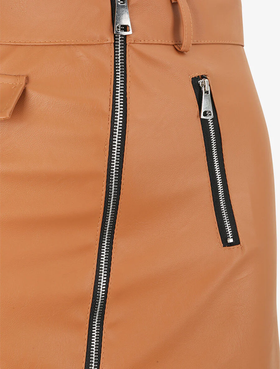 Jupe zippée en simili - Camel - Image 3