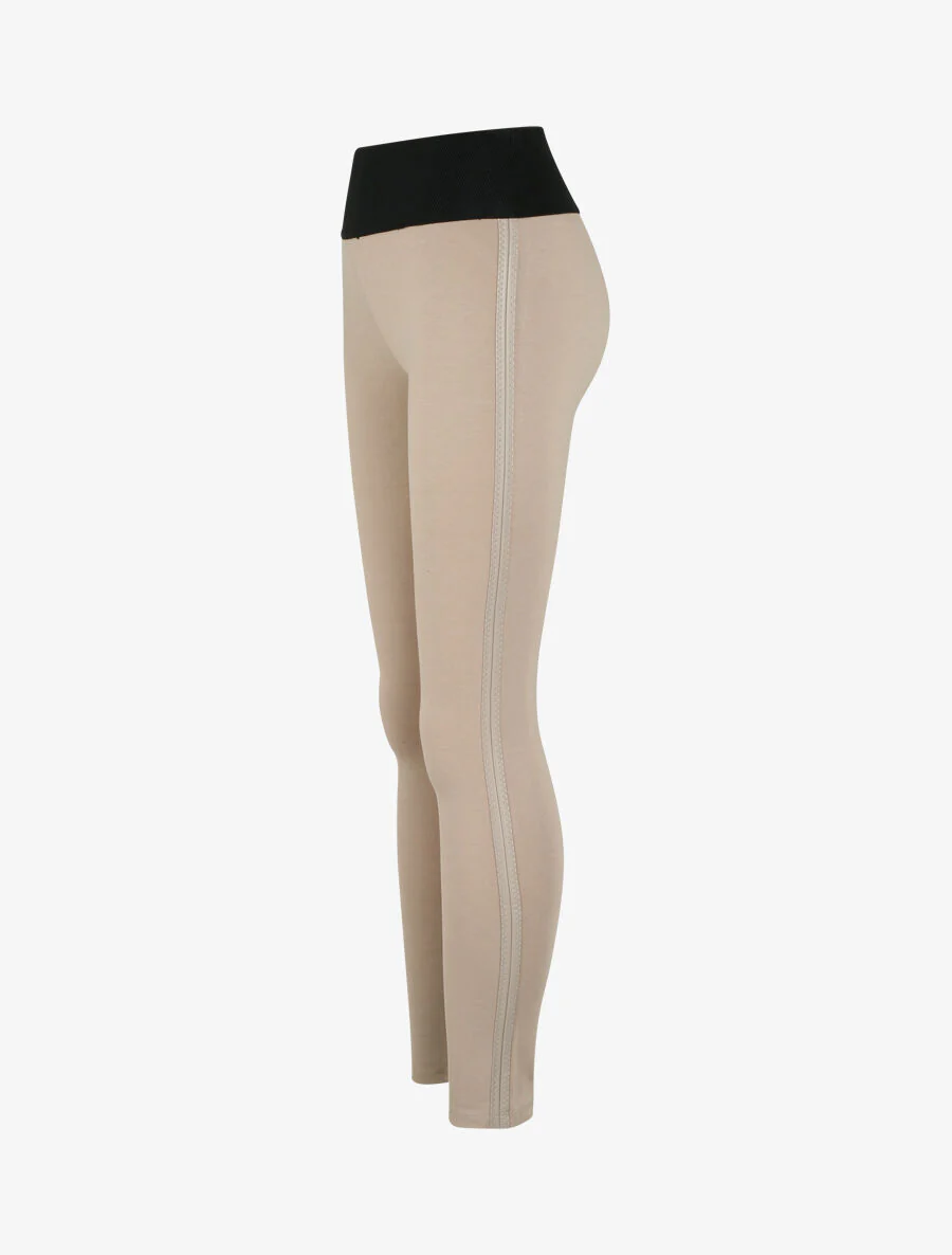 Legging à taille texturée et liserés en simili - Taupe - Image 4