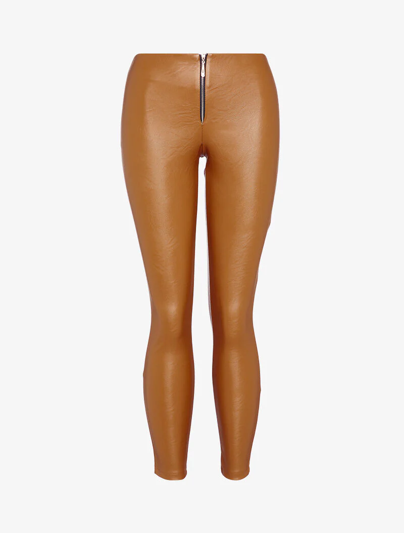 Legging en simili taille haute zippé - Marron