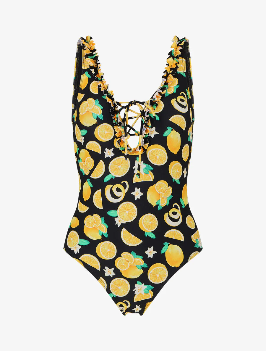 Maillot de bain en V à bordure volantée - Noir