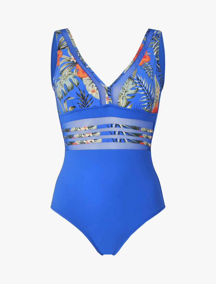 Maillot de bain tropical à liseré en tulle - Bleu