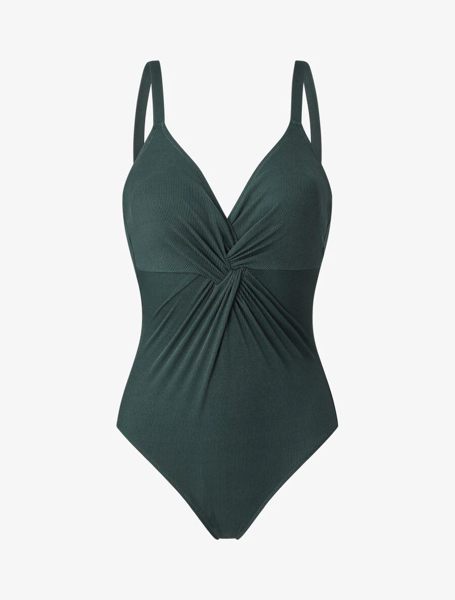 Maillot de bain une pièce côtélé à haut torsadé - Vert foncé