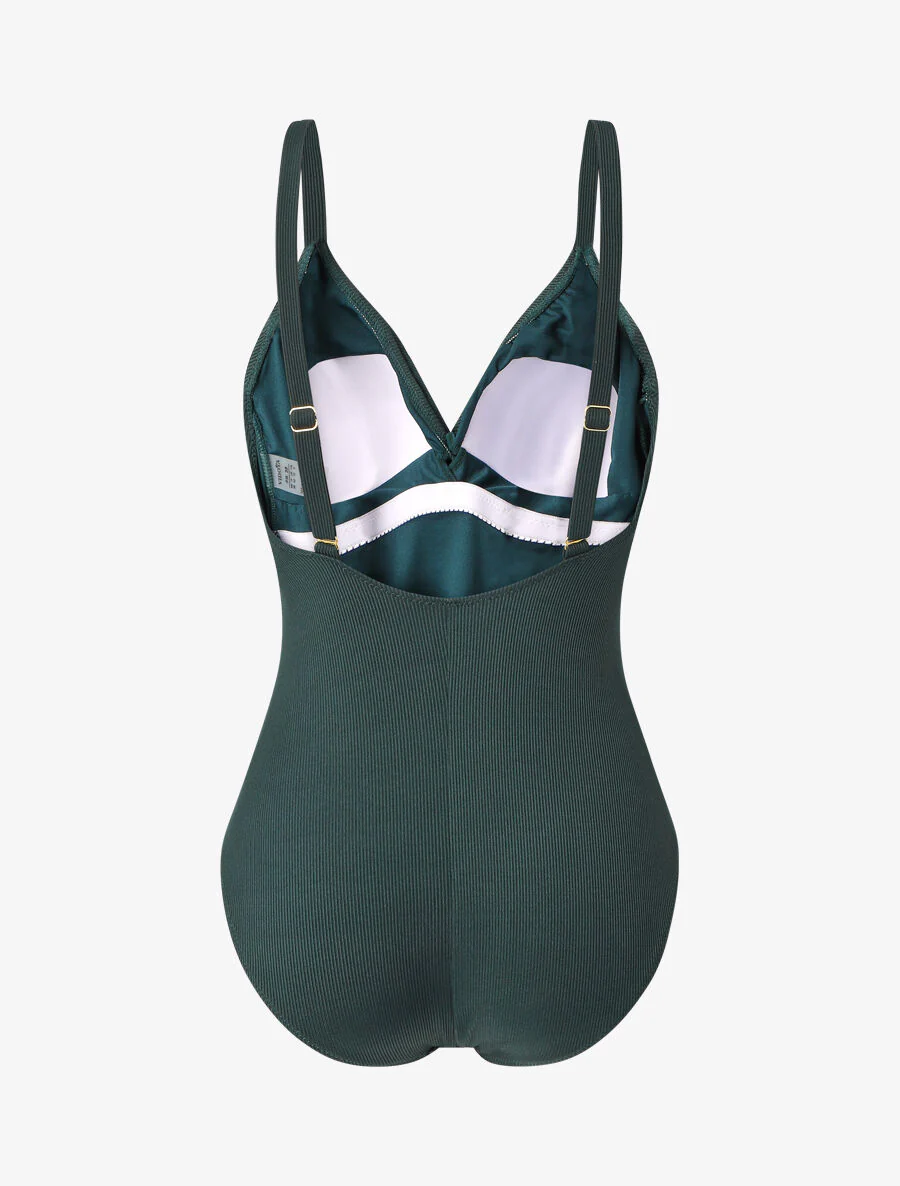 Maillot de bain une pièce côtélé à haut torsadé - Vert foncé - Image 2