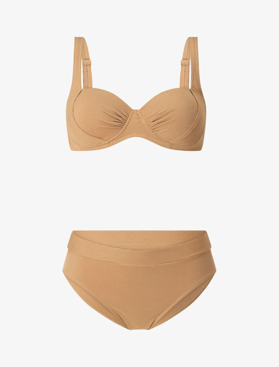 Maillot deux pièces taille haute côtelé - Beige foncé