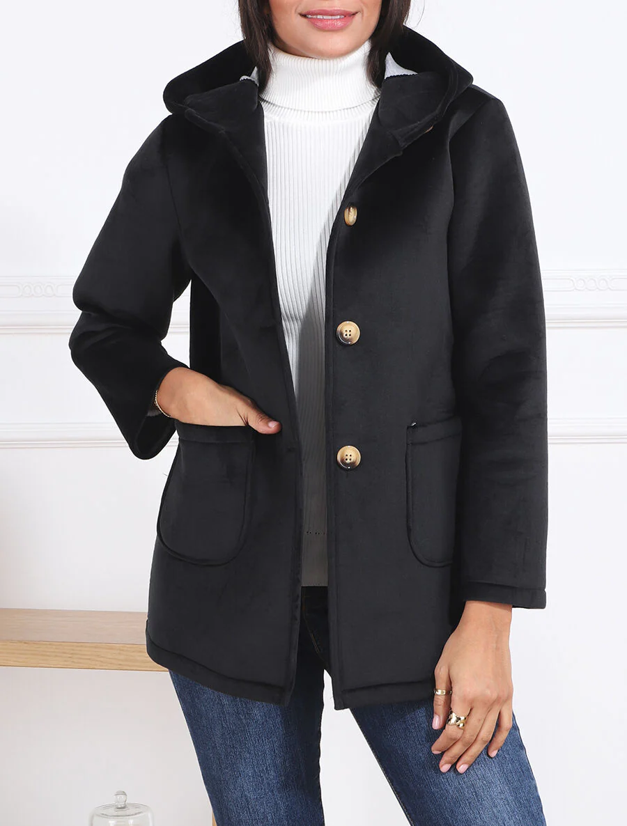 Manteau à capuche effet velours - Noir - Image 3