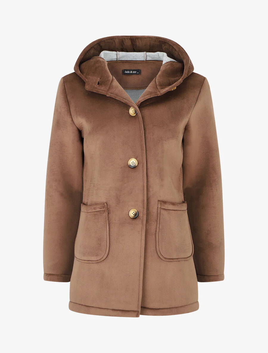 Manteau à capuche effet velours - Marron