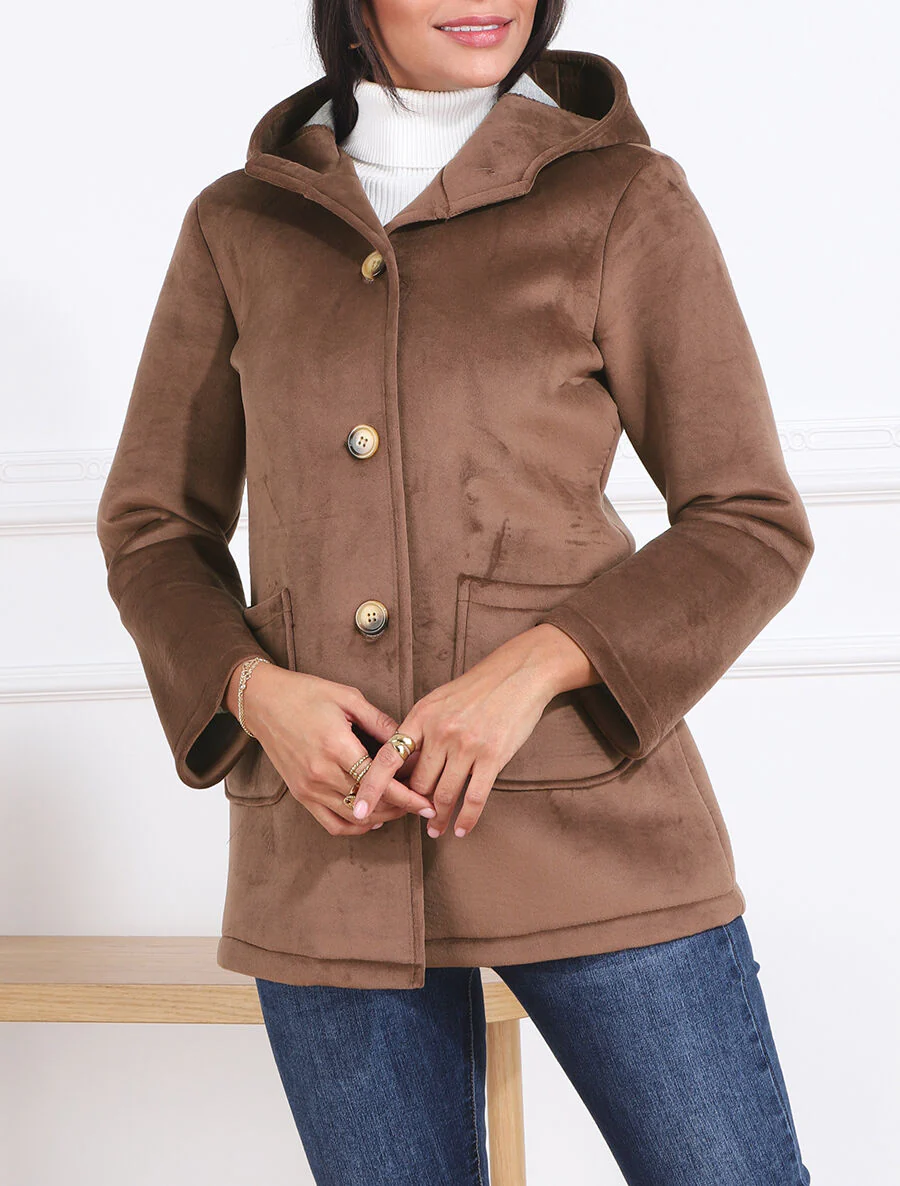 Manteau à capuche effet velours - Marron - Image 3