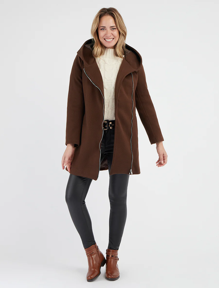 Manteau à capuche et empiècements simili - Marron - Image 4