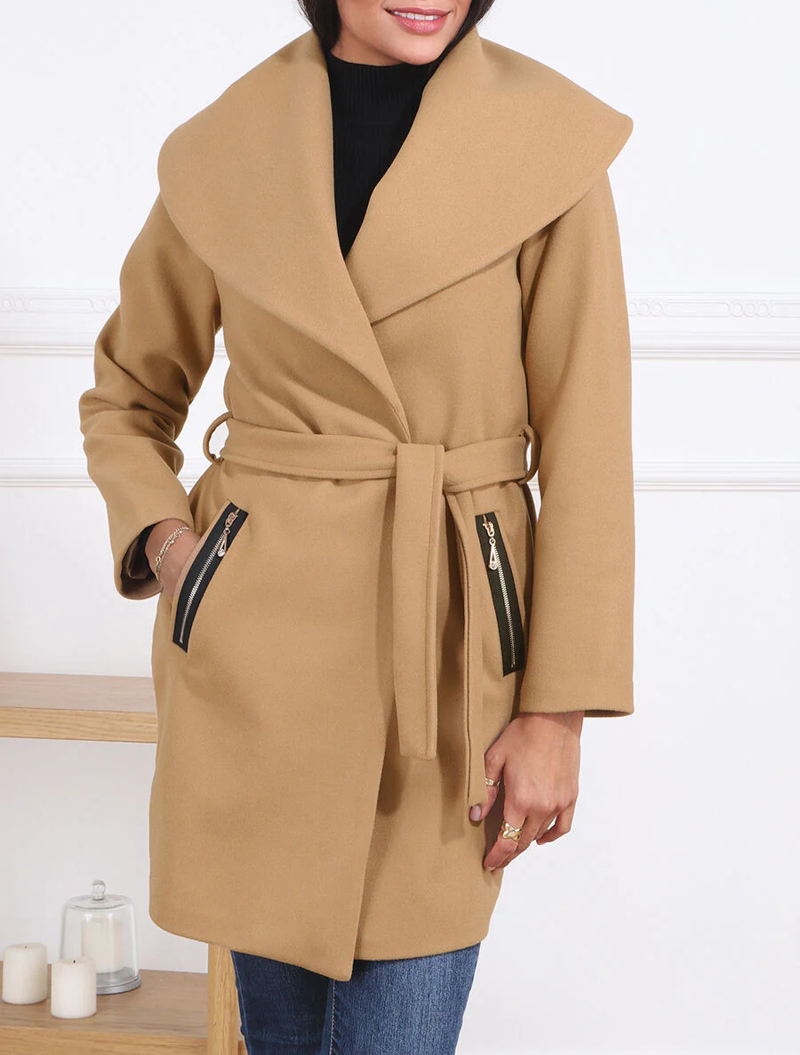 Manteau à col châle - Beige - Image 4