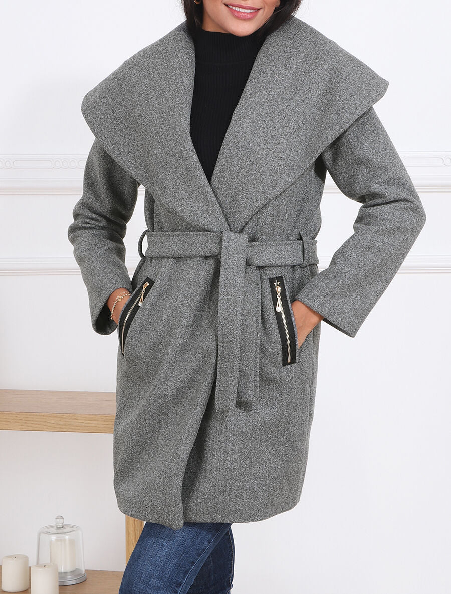 Manteau à col châle - Gris chiné - Image 4