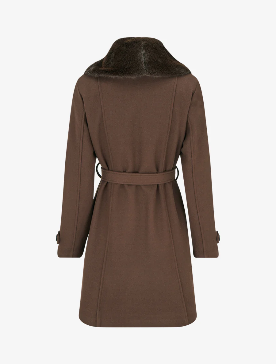 Manteau à col en fourrure synthétique amovible - Marron - Image 2
