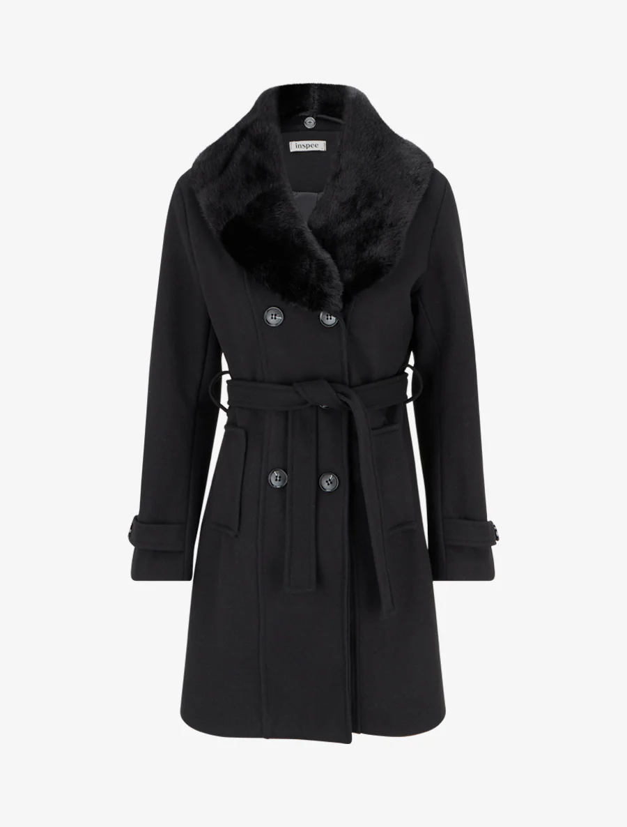 Manteau à col en fourrure synthétique amovible - Noir