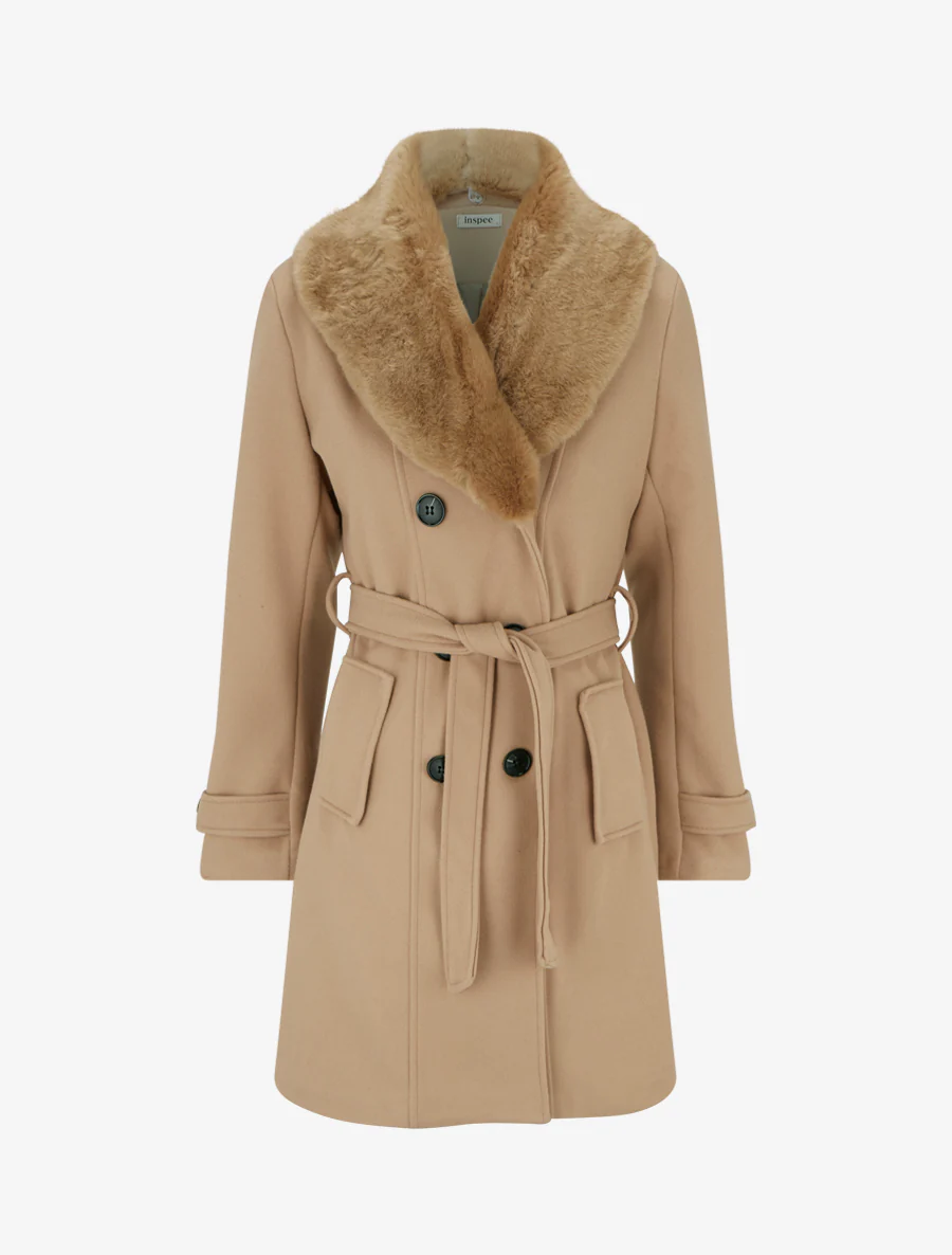 Manteau à col en fourrure synthétique amovible - Camel clair