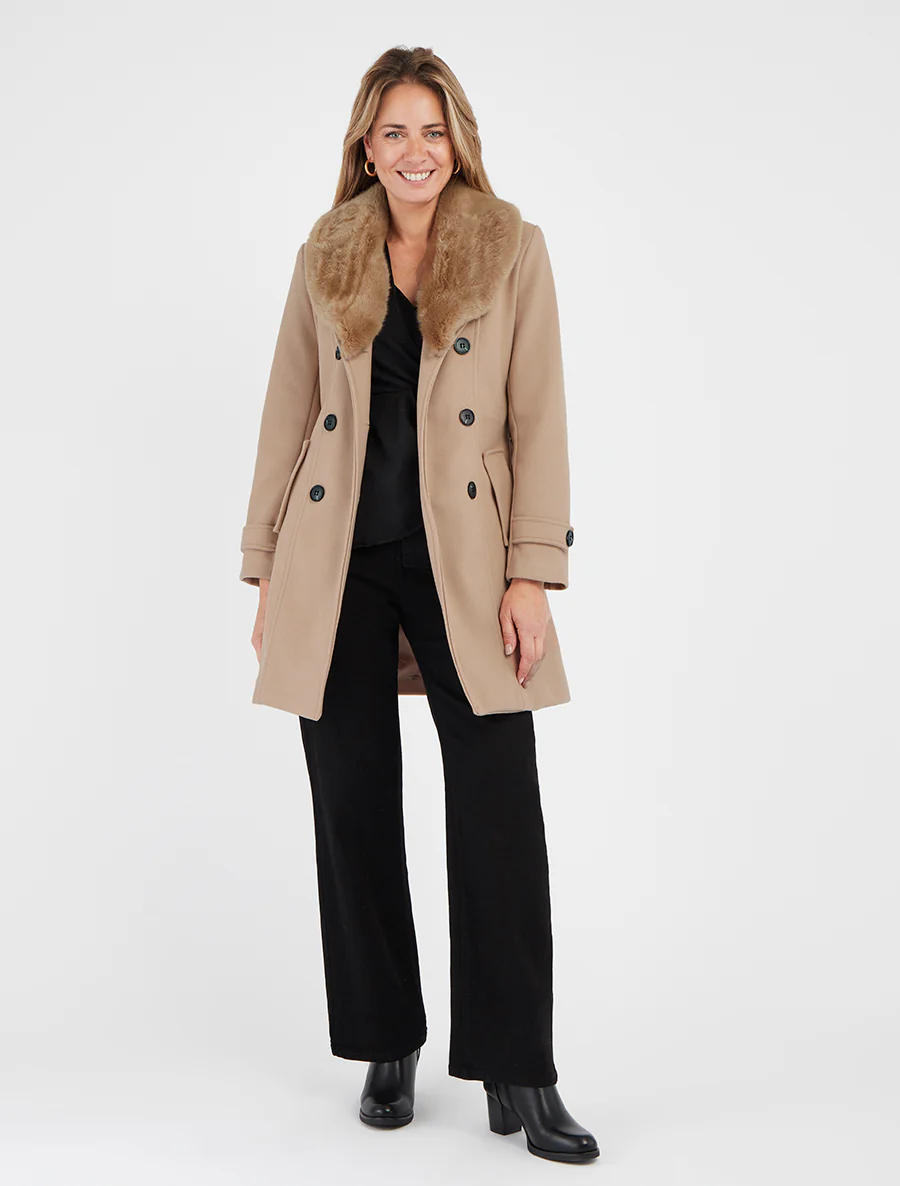 Manteau à col en fourrure synthétique amovible - Camel clair - Image 4